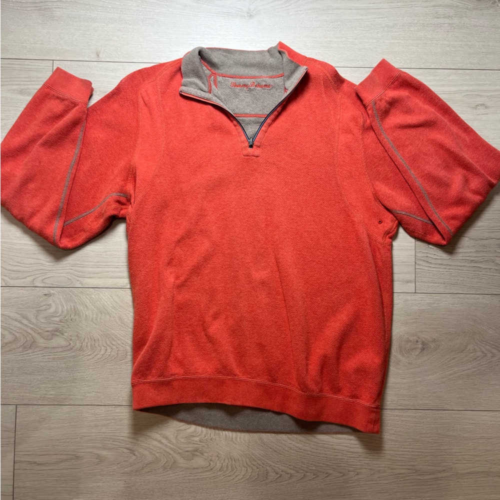 Tommy Bahama Henley XL Salmon 28” L X 25” Wide Sweatshirt 1/4 Zipper